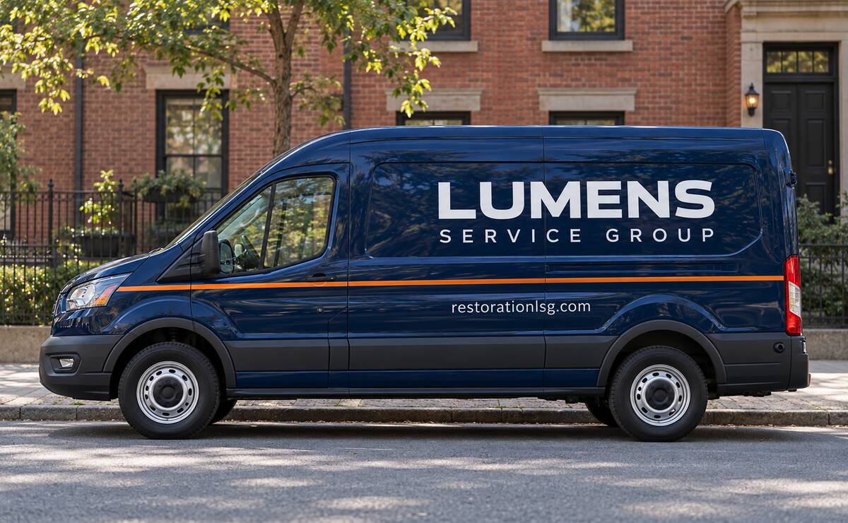 A white Lumens Service Group van, signwritten Restore, Clean, Rebuild