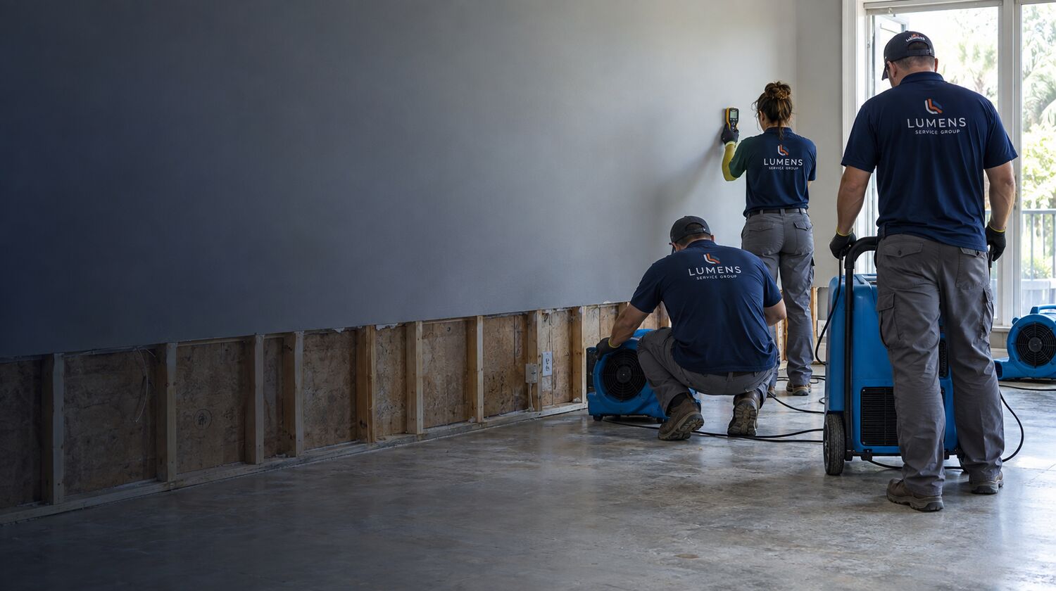 Lumens crew at work in uniform with restoration equipment