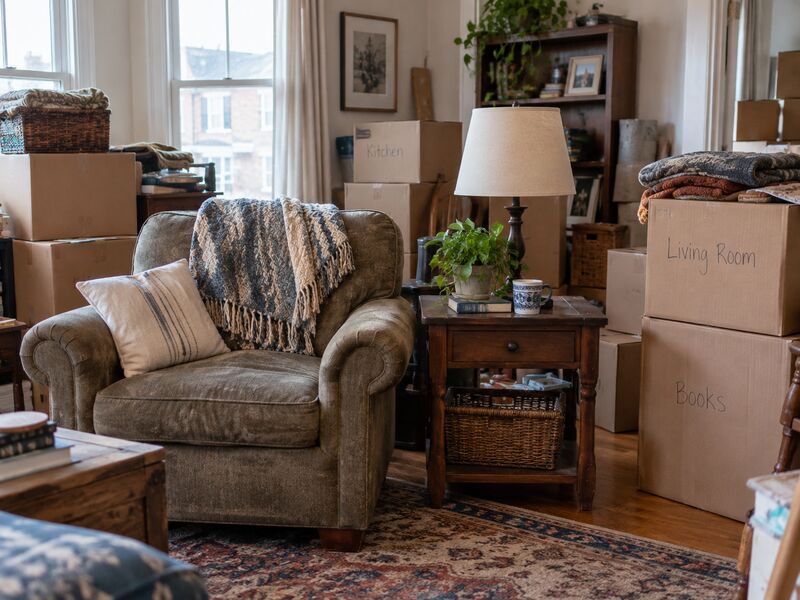 A cluttered living room filled with furniture and stacked boxes