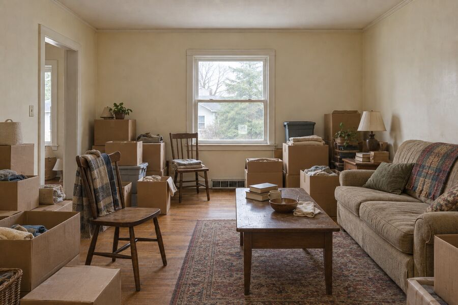 A living room full of furniture, boxes and belongings
