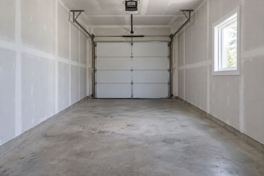 The same garage empty with a swept floor
