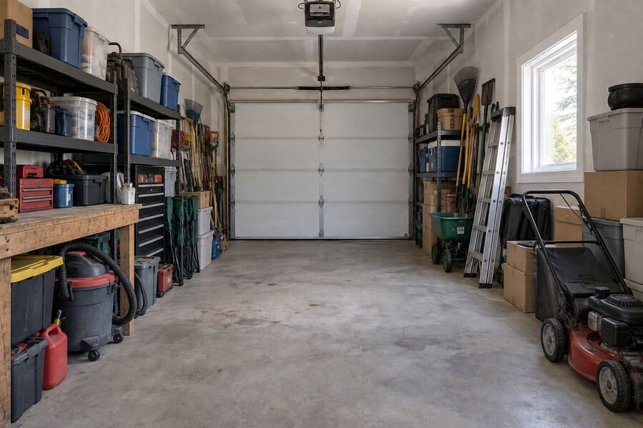 A garage packed with tools, boxes and stored equipment