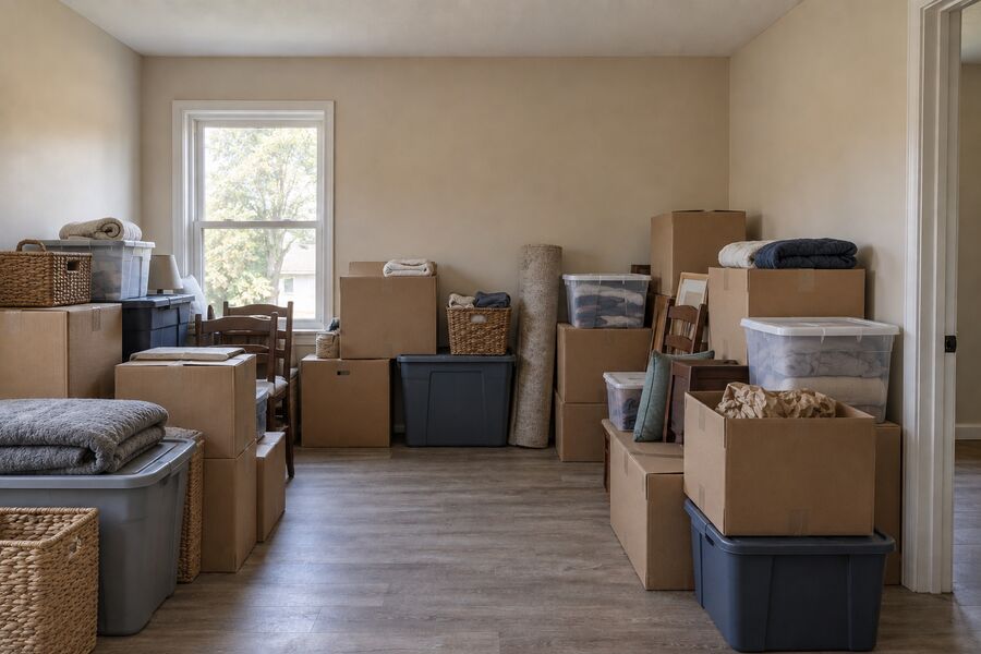 A room densely packed with stored possessions and a narrow path through