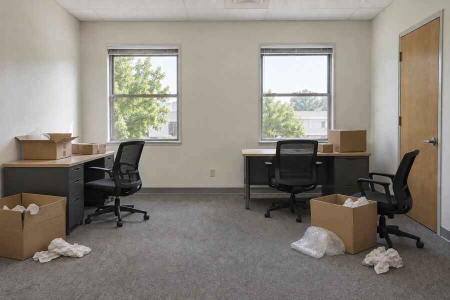 A vacated office with desks, chairs and boxes left in place