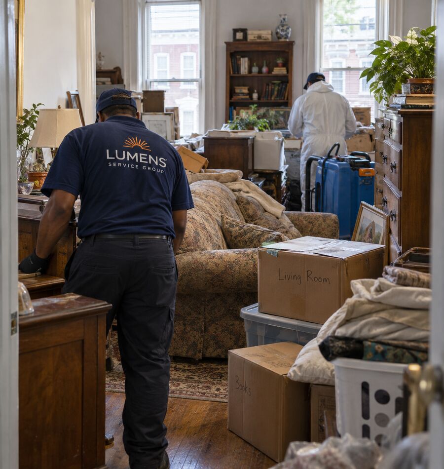 A room crowded with furniture and belongings before a cleanout