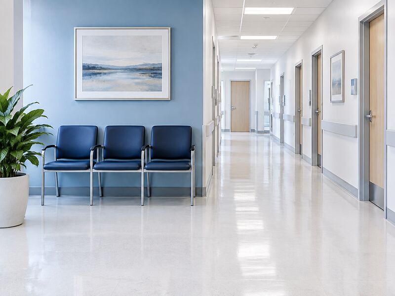 A bright clinical corridor with hard flooring