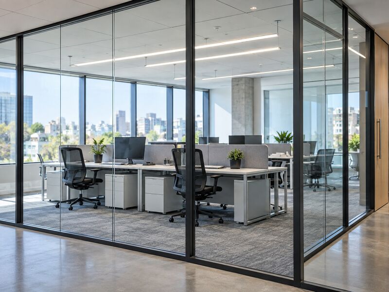 A glass-walled open plan office floor