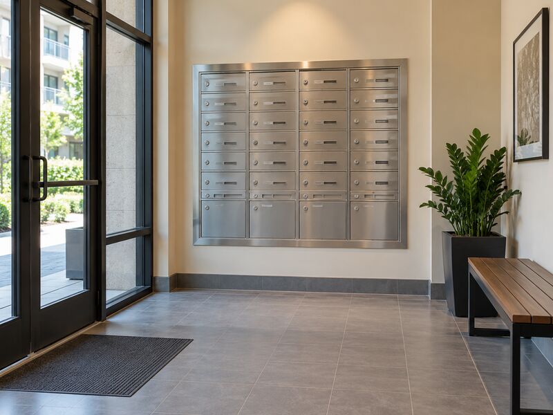 An apartment building lobby with mailboxes