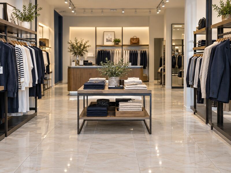 A clean retail sales floor with fixtures and polished flooring