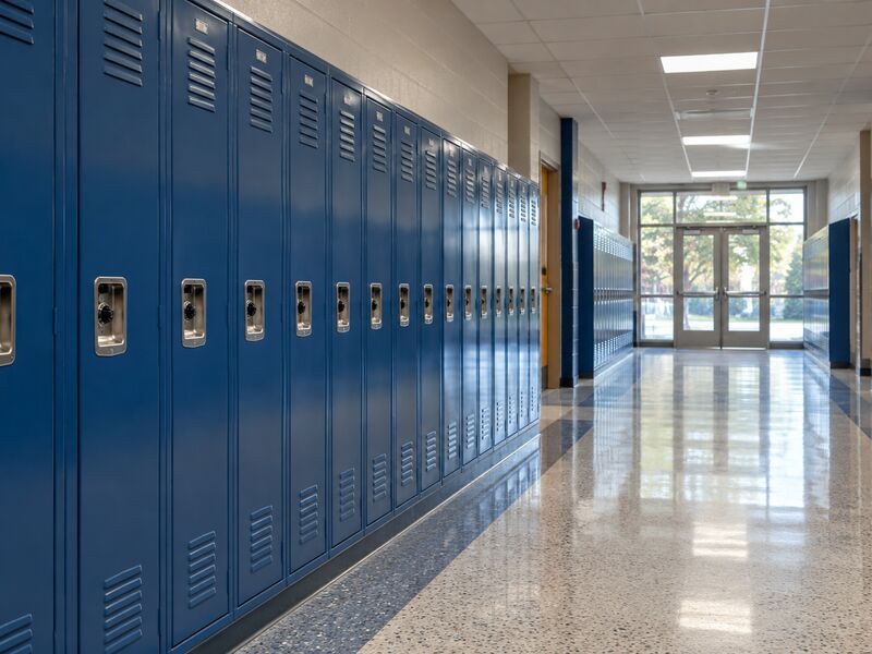 A school corridor lined with lockers