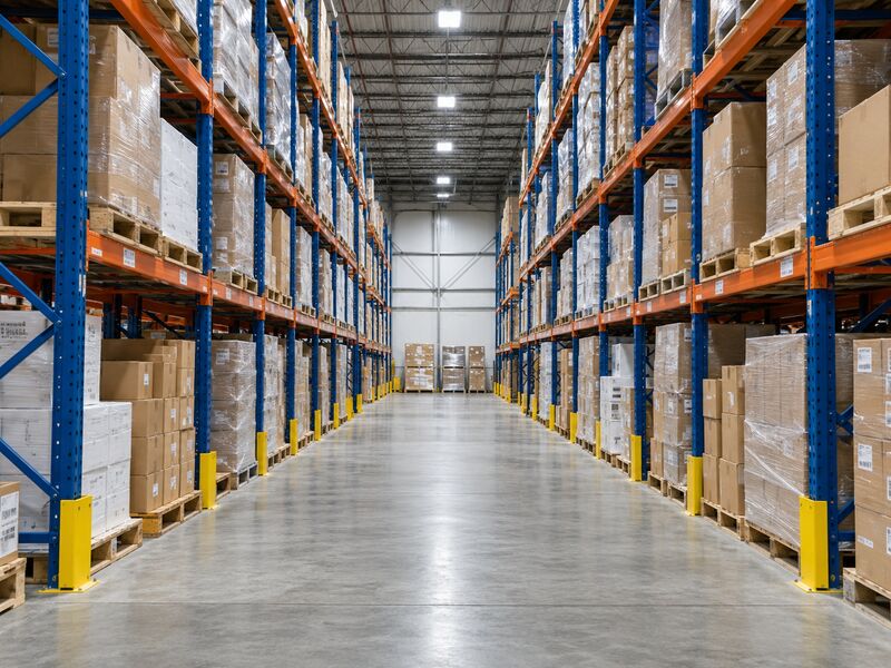 A warehouse interior with racking and a clean concrete floor