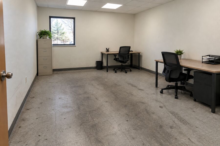 An office floor dulled and scuffed with traffic marks