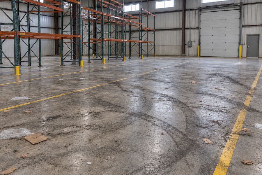 A warehouse concrete floor stained with tyre marks and debris