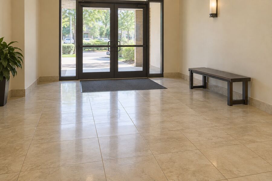 The same lobby clean, with clear glass and polished floor