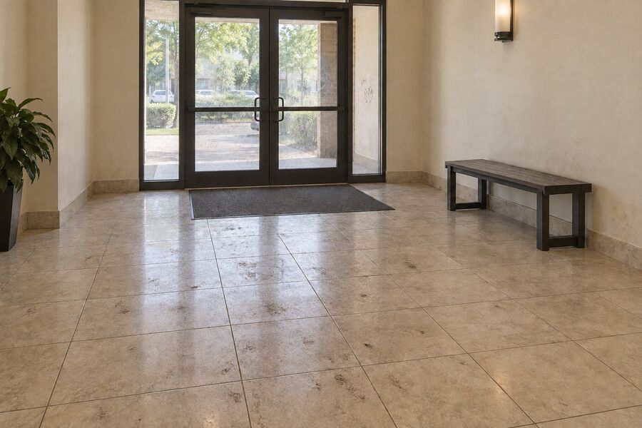 An apartment building lobby with scuffed flooring and smeared glass