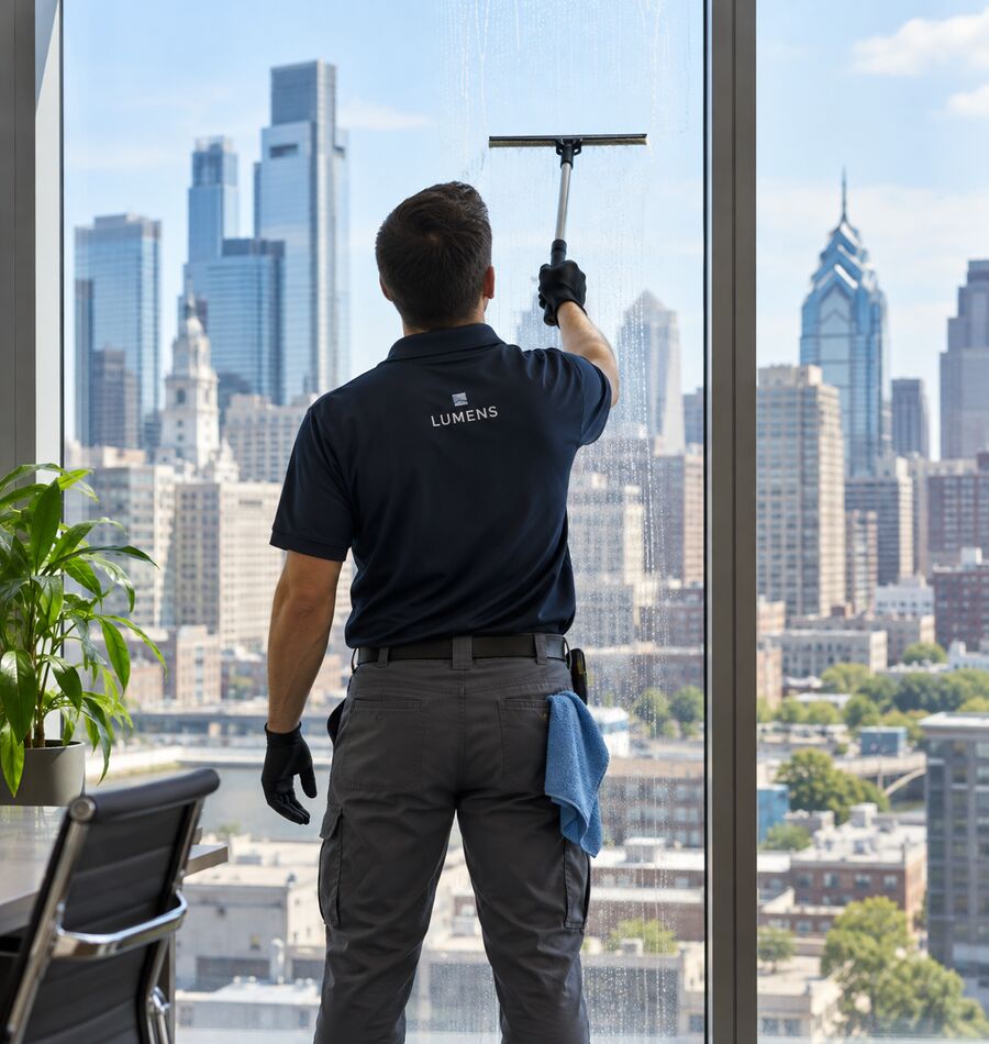 A Lumens technician cleaning floor-to-ceiling office windows