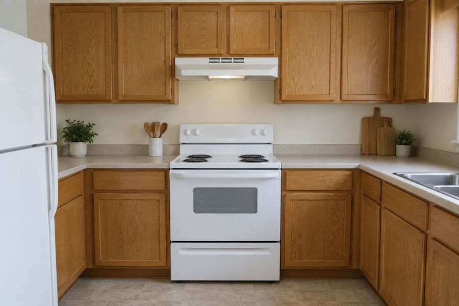 The same kitchen rebuilt with new cabinets and clean walls