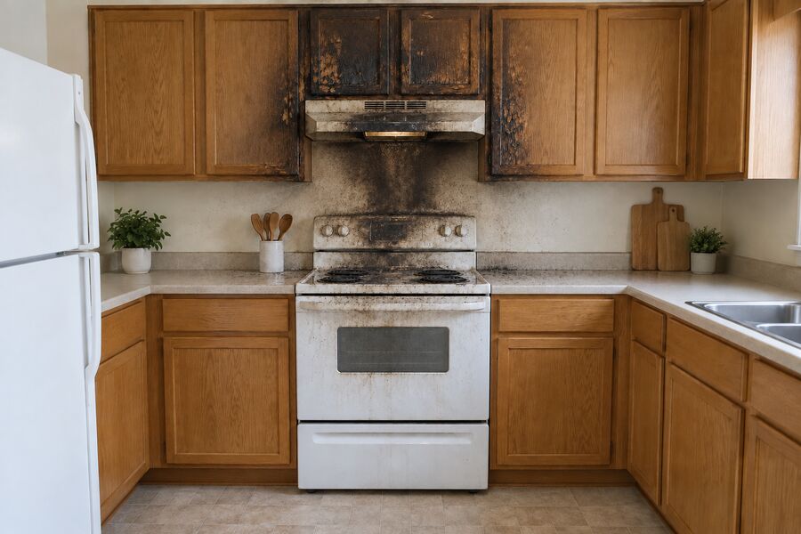 A kitchen with charred cabinets and soot fanning up the wall