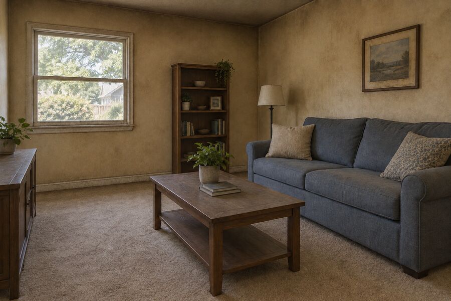 A living room filmed in smoke residue, walls yellowed and hazed