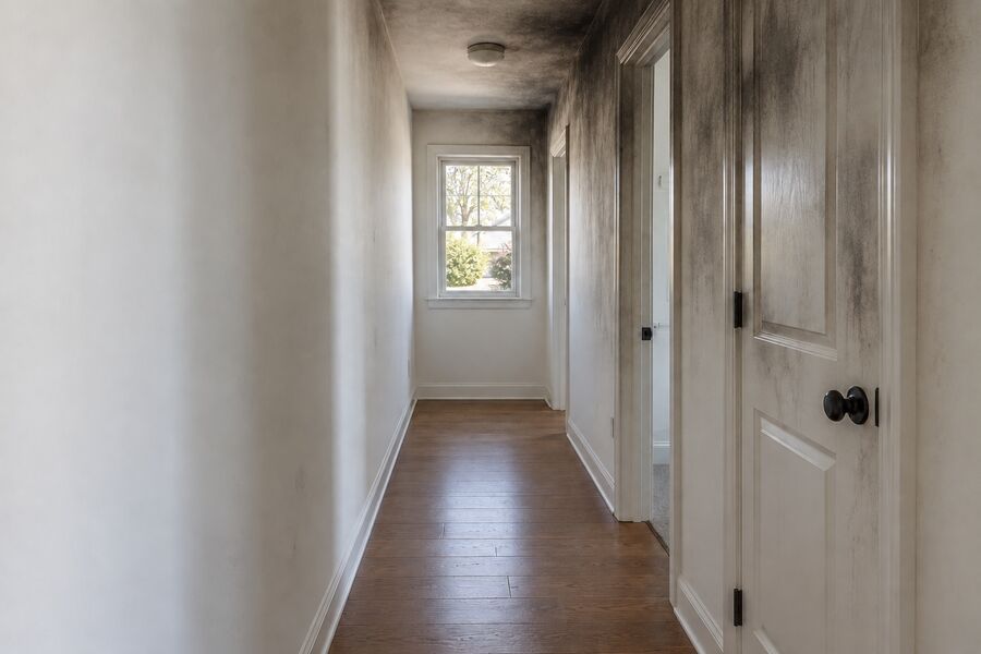 A hallway wall and trim blackened with soot