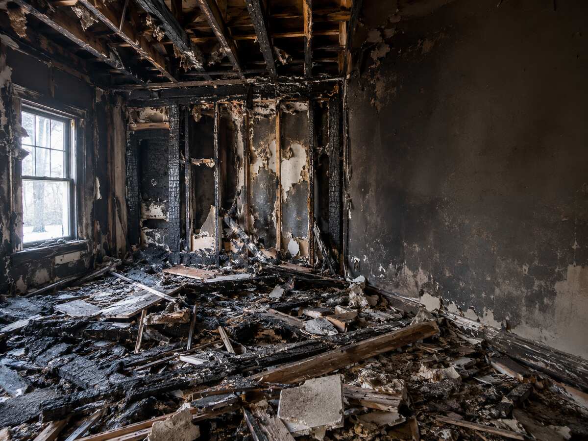 A fire-damaged room with charred walls, exposed joists and debris