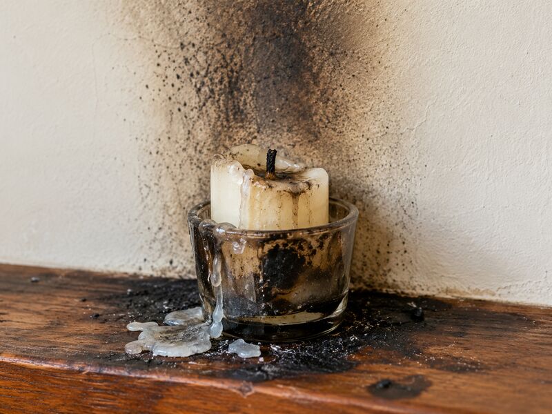 A burnt-down candle with soot staining the wall behind it