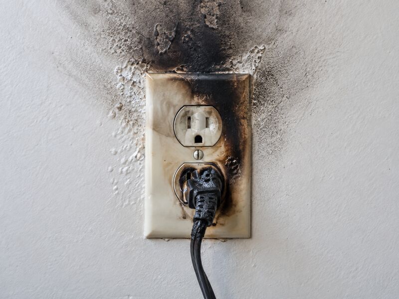A scorched wall outlet with soot fanning up the wall