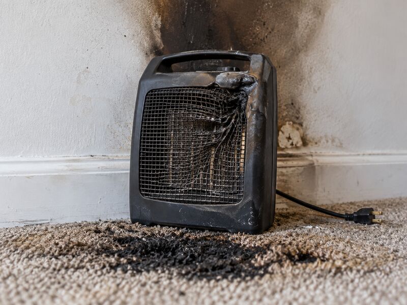 A space heater against a wall with scorch marks