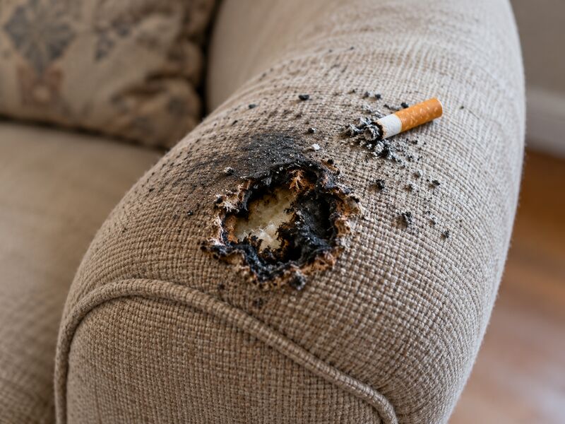 A burn hole in an upholstered chair arm with ash around it