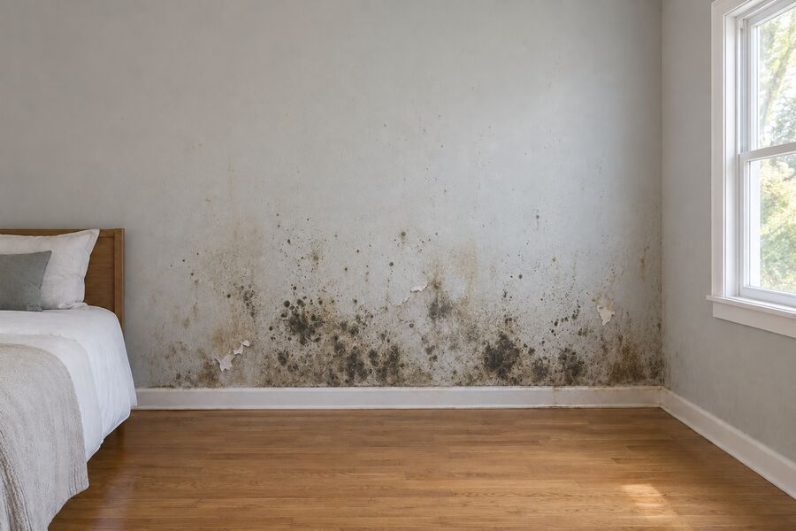 Black mold spreading up a bedroom wall