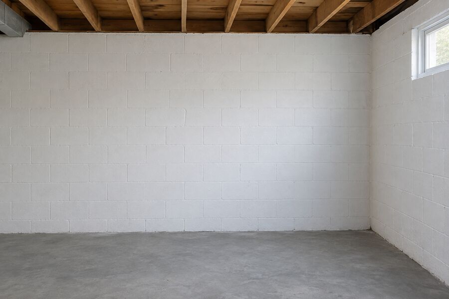 The same basement wall cleaned, sealed and dry