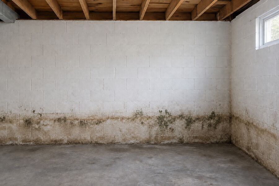 A basement wall with a tide line and mold blooming above it