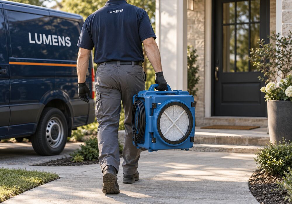 A Lumens technician carrying an air scrubber