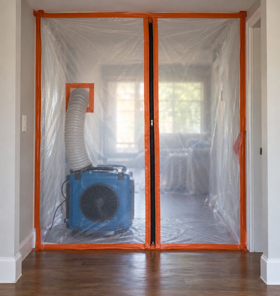 Plastic containment sheeting across a doorway with an air scrubber running