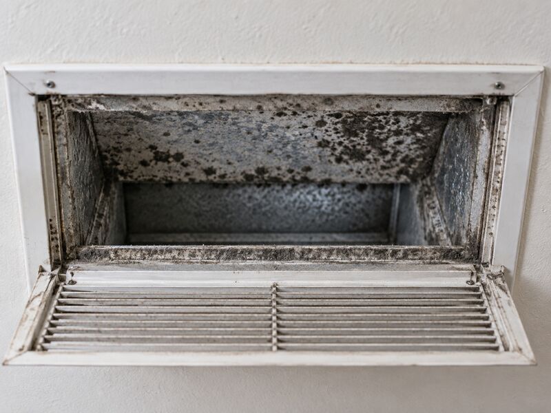 A ceiling register with dust build-up and dark growth on the metalwork
