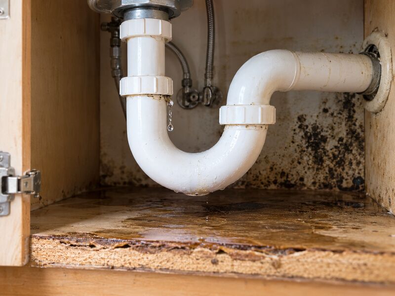 A leaking trap under a sink with mold on the cabinet base