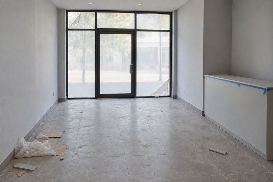 A retail unit at the end of fitout, protective film still on the glass