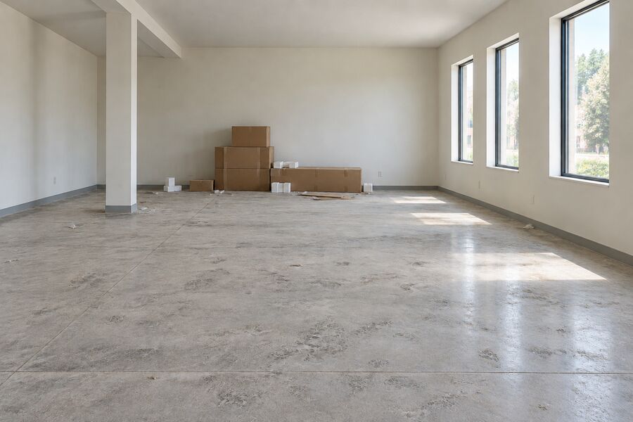 A large commercial floor strewn with construction dust and packaging