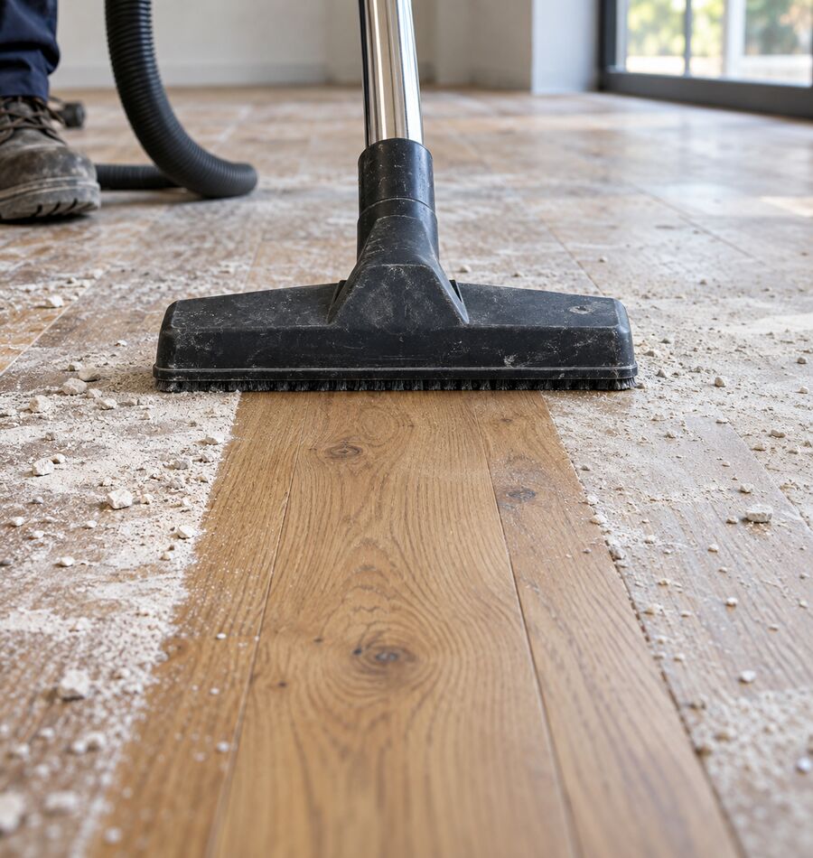 A vacuum lifting construction dust from a floor