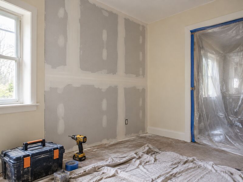 A part-renovated room with protective sheeting and tools still out