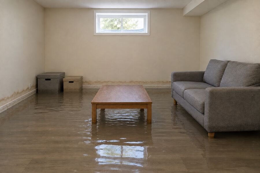 A finished basement under several inches of standing water