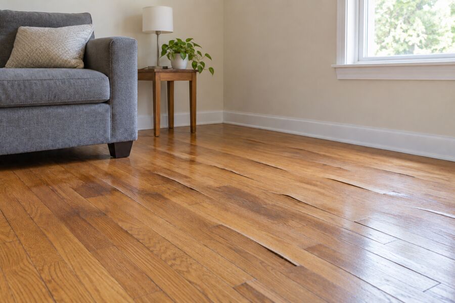 A hardwood living room floor buckled and cupped by water damage