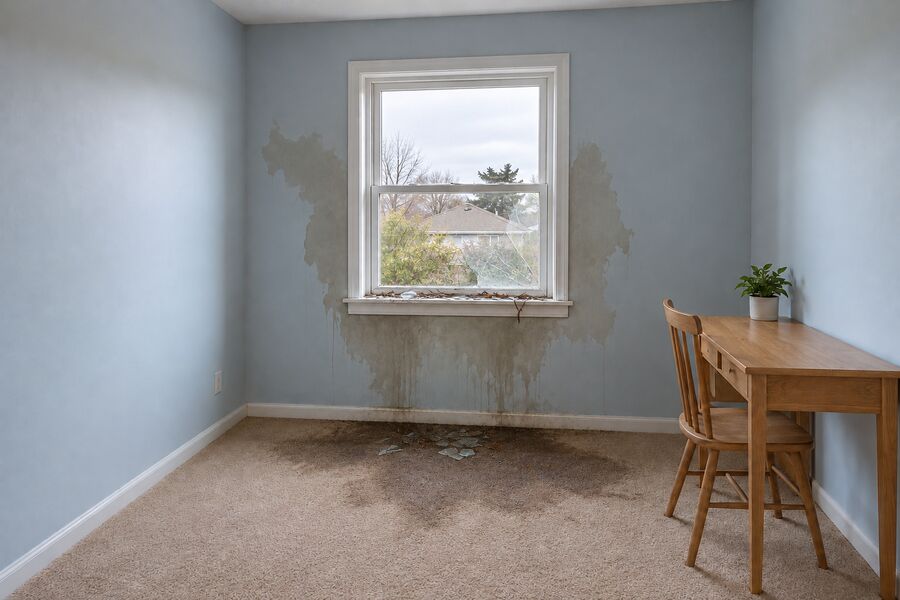A room with storm damage, wet drywall and soaked carpet below a broken window
