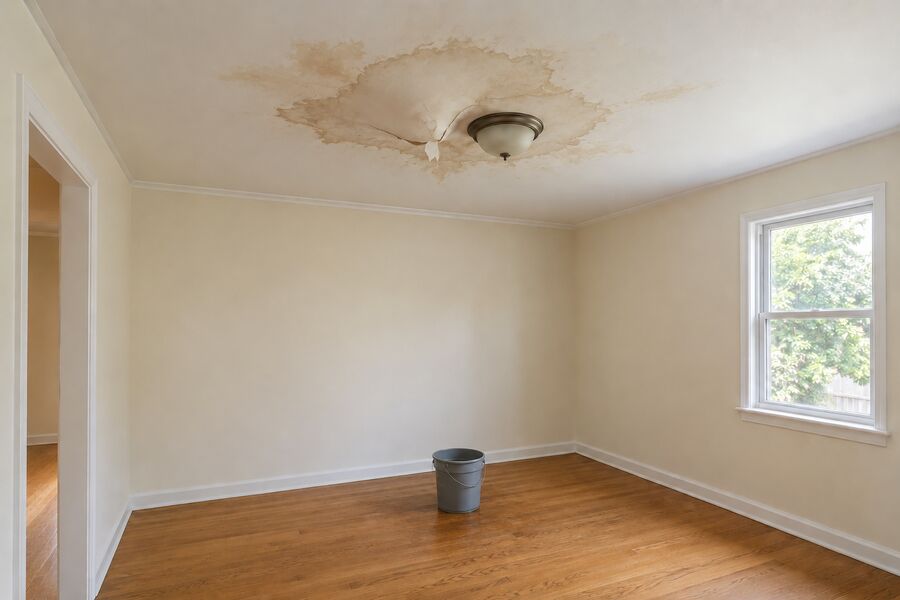 A ceiling stained and sagging from a leak, with a bucket on the floor beneath