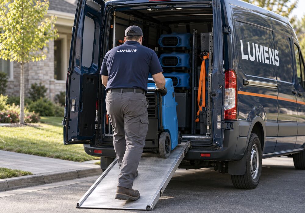 A Lumens technician loading drying equipment into the van