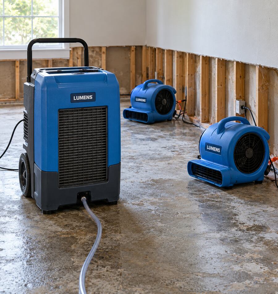 Blue Lumens air movers and a dehumidifier drying out a room