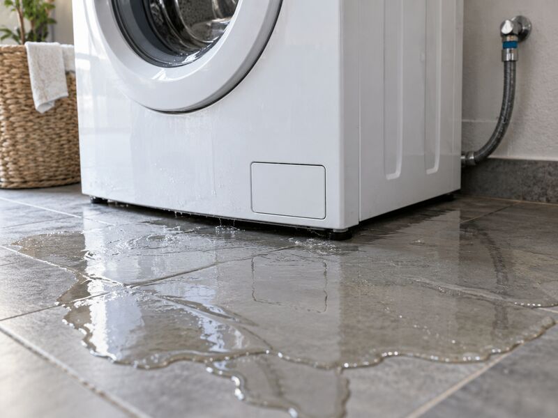Water spreading across a floor from under a washing machine