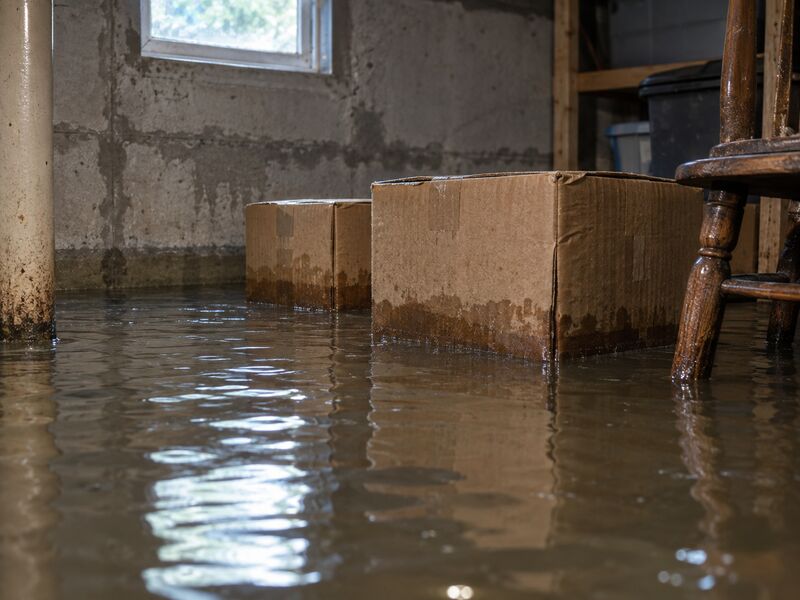 A basement under several inches of standing water