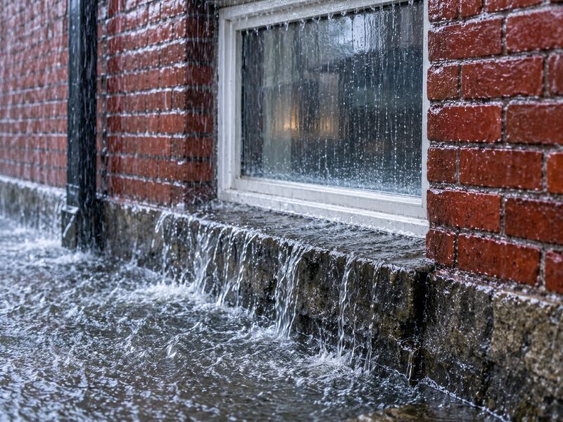Heavy rain driving against a window with water pooling below